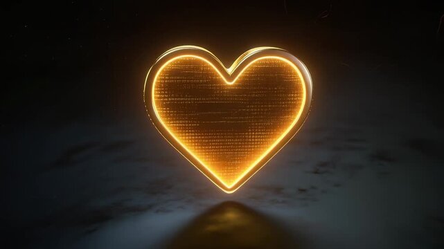 Flowing cyan and green binary ribbons striking golden heart on dark plane, activating glow