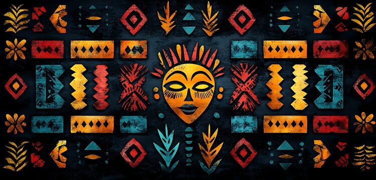 African tribal mask and geometric patterns on dark background face
