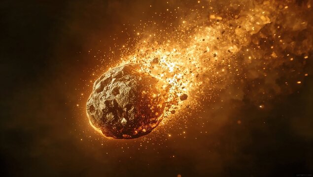 Blazing meteor entering atmosphere with fiery trail and exploding debris in outer space