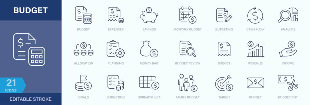 Financial planning and Budget icon set. Business expenses, savings, revenue, analysis, and money management line symbols. finance web vector icons. editable stroke