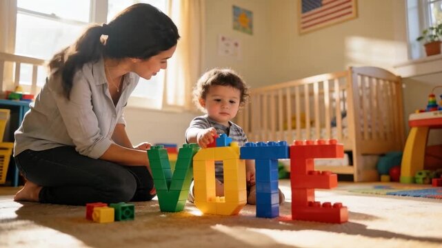 Vertical video: Caregiver kneeling, gesturing, guiding toddler touching VOTE blocks in education