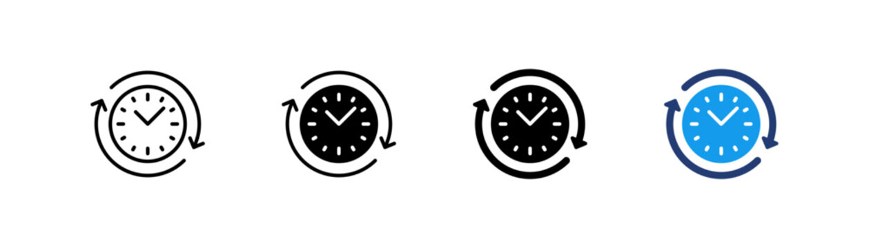 Clockwise time icon set. Clock with refresh circular arrows and time symbols for update, schedule time management, history, recent updates, pending time, and backup symbols. web vector icons