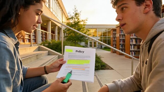 Female holding policy sheet steady while male highlighting lines on campus steps exchanging markers