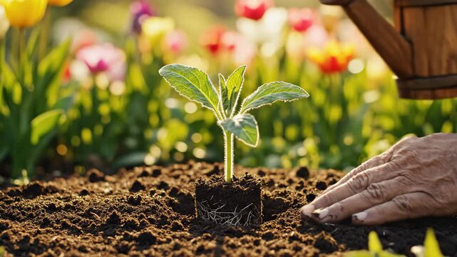 A hand plants a seedling growing step in a sunny garden in a business growth profit and development concept.