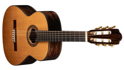 Obraz premium Side view of elegant classical acoustic guitar with beautiful wood and detailed craftsmanship