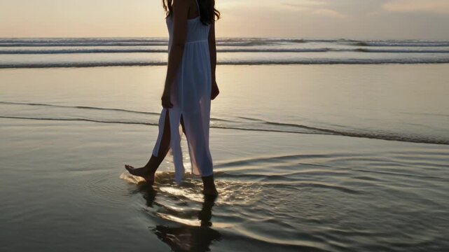 Walking woman in white dress side slits barefoot moving along shore as sunset drawing reflection