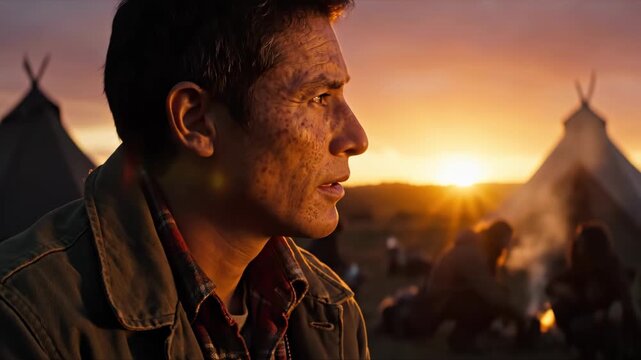 Indigenous man with closed eyes at traditional camp during sunset