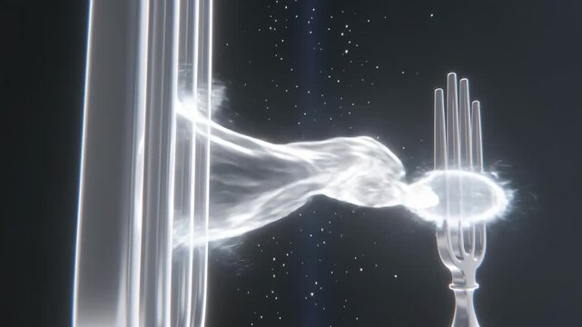 Striking mallet hitting large fork in dark void, sending glowing ribbon to energize small fork