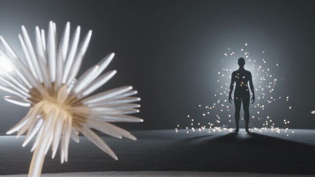 Shedding metallic flower releasing seed pods toward revealing rim-lit figure on stage, copy space