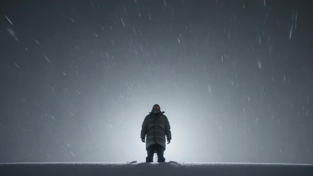 Standing man bracing wind on snow-bank night, wearing parka, boots, gloves, footprints, halo, snow