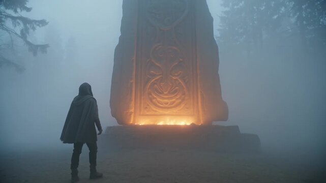 Lone traveler entering left, seeing warm glow and walking toward carved monolith to inspect motifs