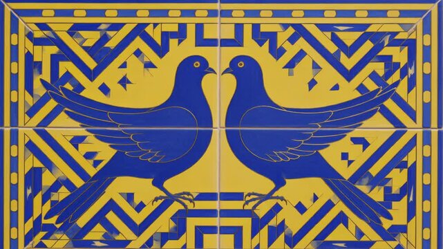 Transforming blue maze pattern into two stylized birds on tiled wall, dark fragments appearing