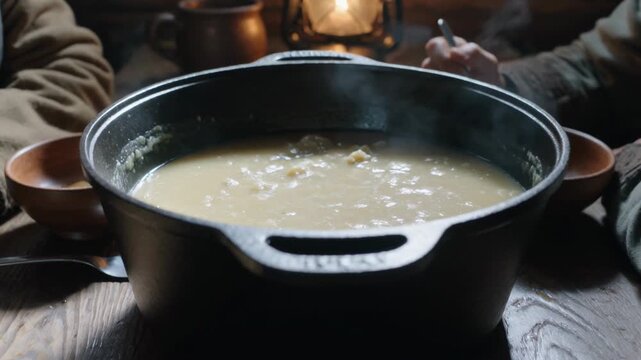 Leaning man ladling soup from cast-iron pot at log cabin table, wearing layered coats, sharing meal