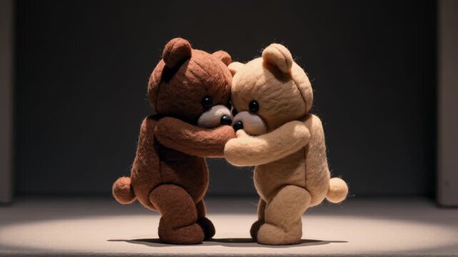 Spotlight signaling friendly dark brown and light tan bears stepping forward on stage, embracing