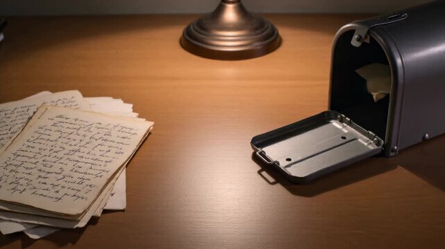 Flipping single sheet launching paper planes across oak desk toward open mailbox lamp over letters