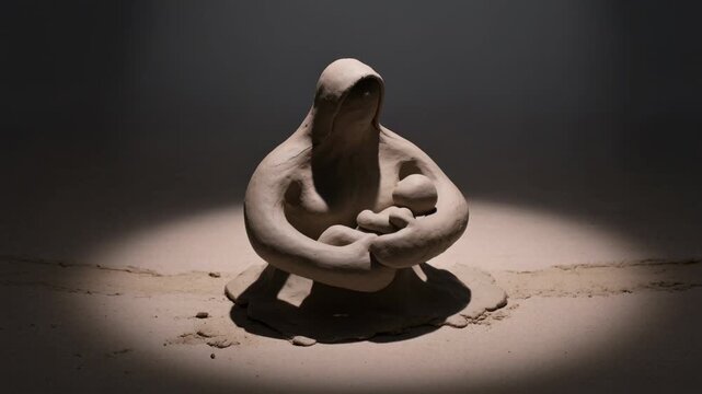 Shaping clay sculpture evolving from two spheres on studio sand under spotlight, cradling small orb
