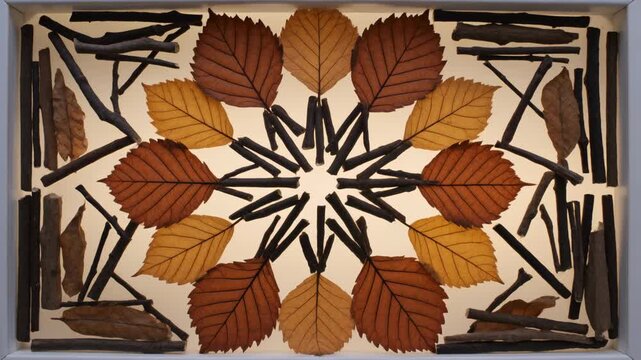 Starting with fragments, artist arranging leaves and twigs into balanced mandala on backlit tray