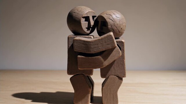 Lifting left carved figure stepping to right figure, greeting, hugging on wood tabletop seam seen