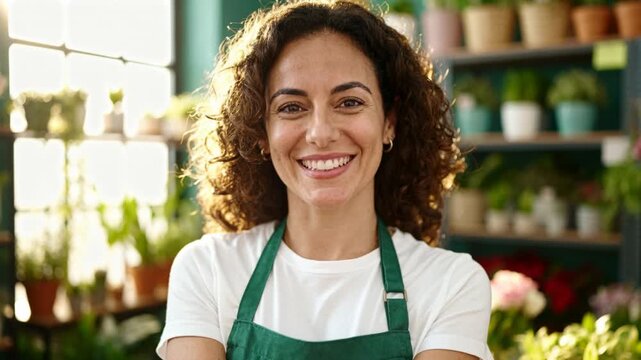 Florist responding to offscreen greeting smiling wider laughing closing opening eyes folding arms