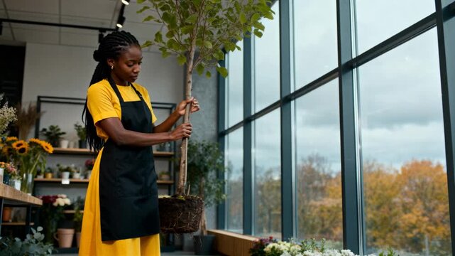 Florist adjusting apron strap, steadying potted tree, inspecting exposed root ball for display