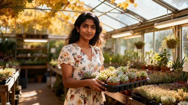 Woman lifting succulent tray and placing pots on table in nursery, arranging display for retail