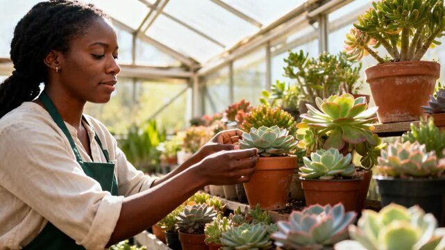 Woman smiling reaching, lifting and turning clay pot, checking and adjusting succulents for display