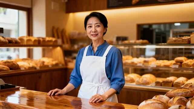 Noticing door baker blue-shirt white-apron turning to camera smiling at bakery counter with loaves