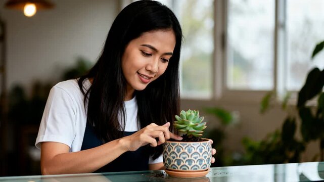 Tending woman wearing white top and apron adjusting soil around succulent in pot on glass counter