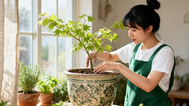 Lifting sapling, woman wearing green apron inspecting roots and repotting into ornate pot at window