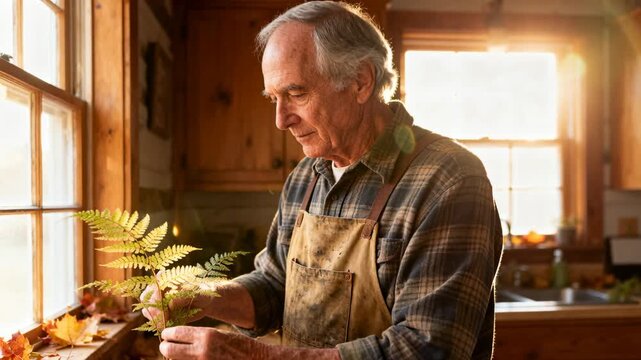 Tending elderly man adjusting potted fern on wood windowsill in rustic kitchen wearing canvas apron
