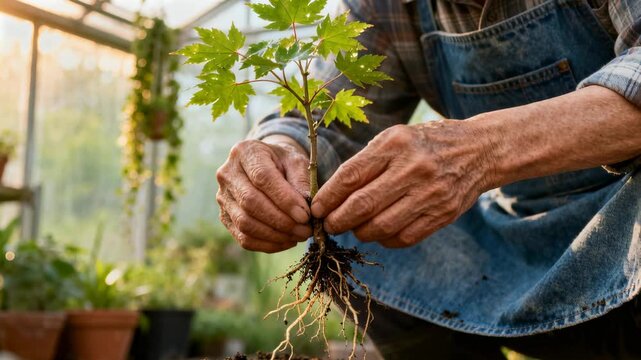 Gardener lifting seedling and transplanting in greenhouse teasing roots and pressing soil to plant