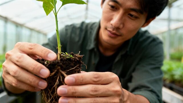 Lifting seedling, Asian gardener rotating root ball and studying roots in greenhouse, green shirt