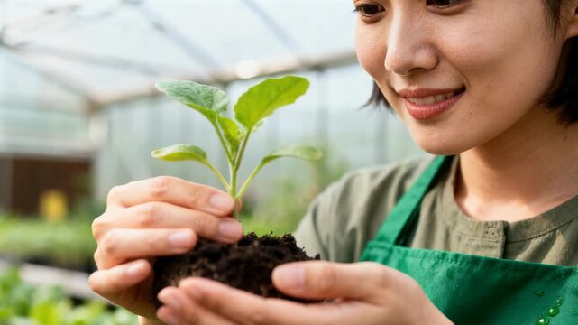 Woman cradling seedling, touching stem and inspecting root ball, preparing transplant in greenhouse