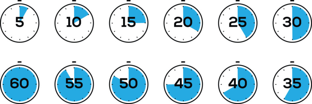 Set of stopwatch icons with different time intervals isolated on white background