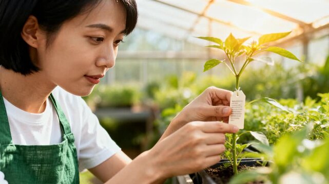 Gardener leaning close to seedling picking tag threading onto stem adjusting tag tracking growth