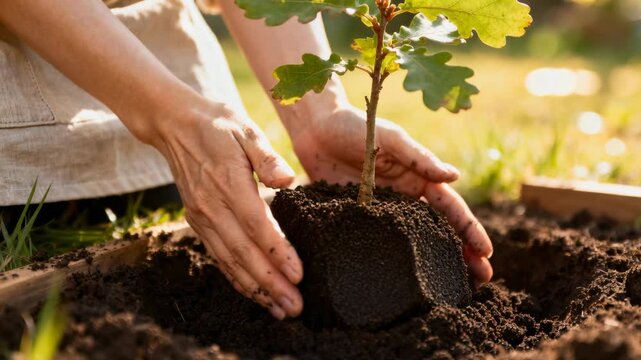 Planting hands wearing beige apron and light shirt pressing sapling into raised bed, pot remnant