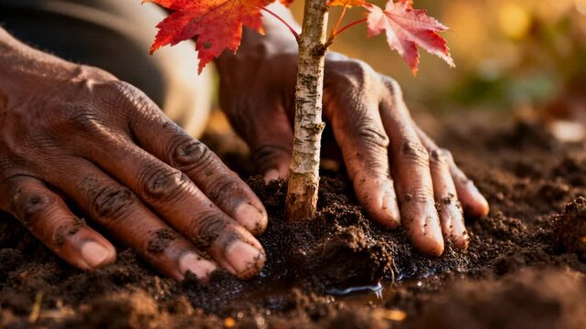 Planting gardener hands placing red sapling in yard, pressing soil securing roots and guiding water