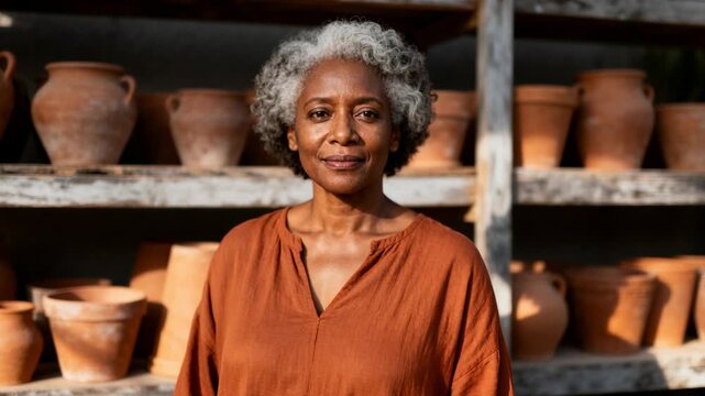 Camera slowly zooming in, female artisan standing center shifting subtly smiling, showcasing pots