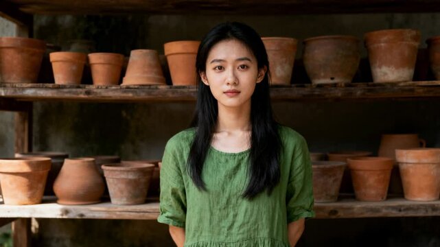 During recording, adjusting Asian woman in green dress holding pose at wood shelf with clay pots