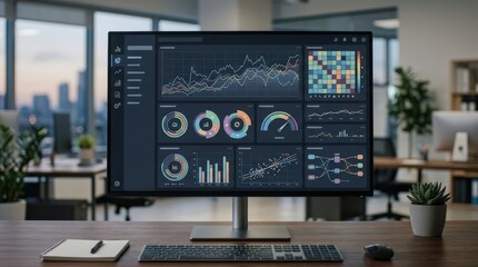 Fototapeta premium Modern Office Workspace with Data Analysis Dashboard and Charts on Computer Screen
