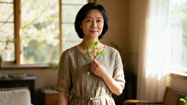 Holding sprig Asian woman at home linen-dress-waist-tie shifting smiling while sunlight at window