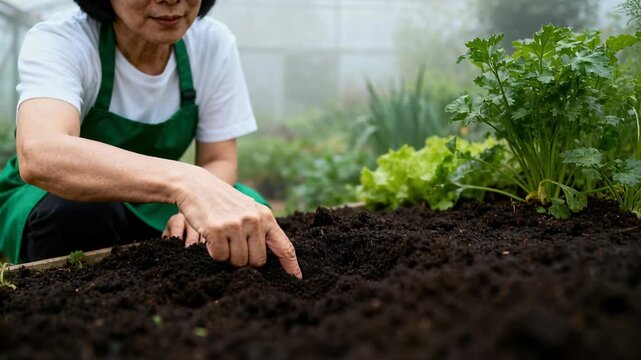 Kneeling senior gardener in green apron probing soil in greenhouse bed, making dimples among herbs