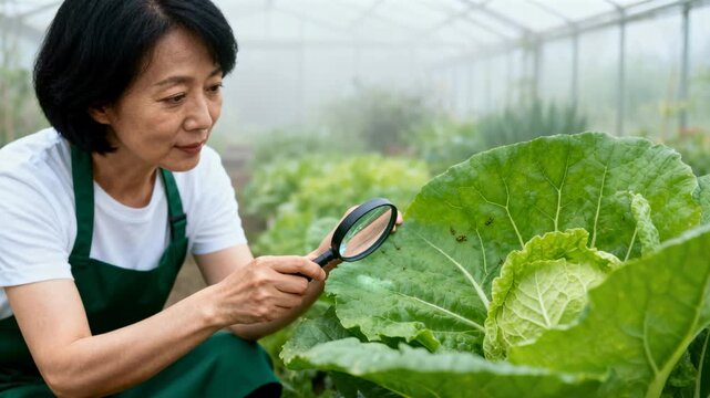 Inspecting gardener in green apron during check scanning cabbage with loupe in greenhouse for pests