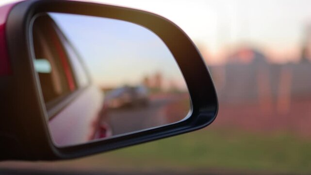 The sun is reflected in the mirror, evening road. View in the side rear view mirror of a red car driving along the highway