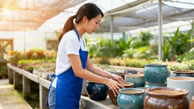 Seeing messy display, nursery worker in blue apron arranging ceramic pots on nursery bench aligning