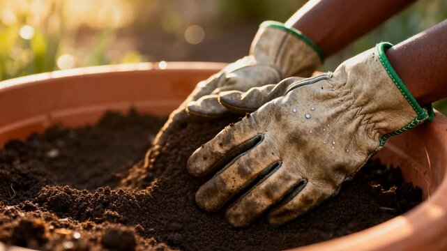 Placing gloved hands pressing and shaping soil in garden, preparing for planting in terracotta pot