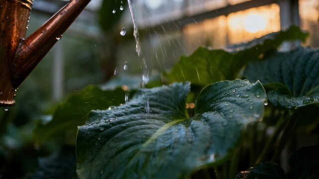 Tilting copper watering can pouring onto hosta leaf in greenhouse, watering plant, forming droplets