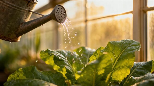 Tilting galvanized watering can releasing droplets onto leafy greens in greenhouse for watering