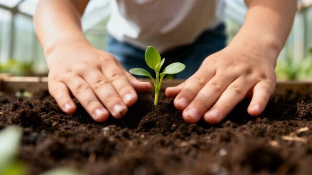 Vertical video: Child leaning over garden bed placing seedling and pressing soil to secure roots