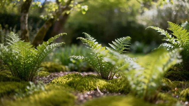 Central fern rosette holding focus as camera sliding and pulling focus showing moss floor for study